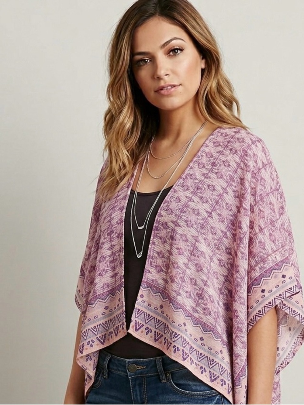 Bethany Mota for Aéropostale Geometric Print Boho Kimono Ruana Poncho Top